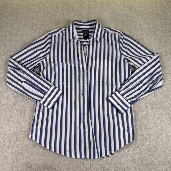 GAP Tops - GAP Womens M Blue White Striped Button Down "Perfect Shirt" 100% Cotton Classic